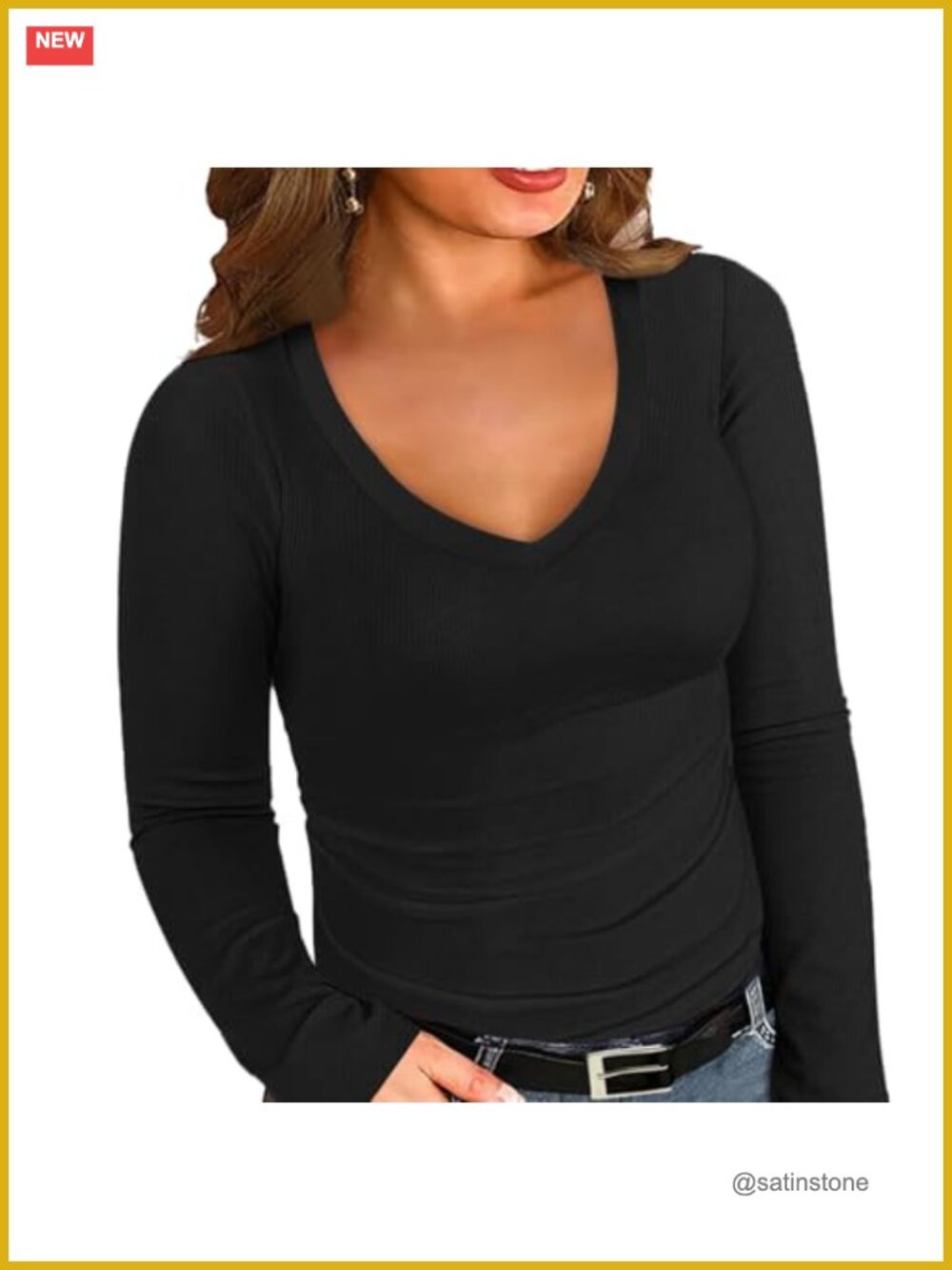 Women's Plus Size Ribbed Knit Long Sleeve V-Neck Tee